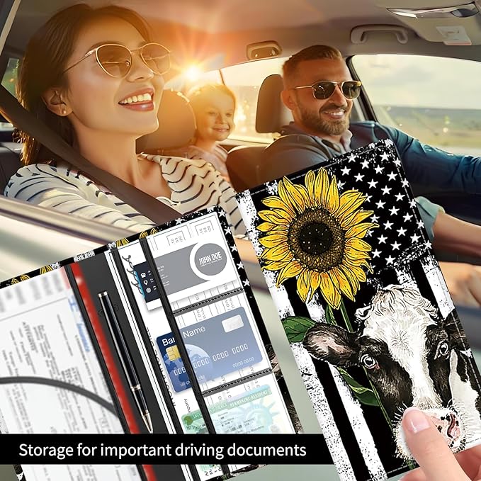 Premium Car Registration and Insurance Card Holder, Cute PU Leather Car Document Holder, Vehicle Glove Box Car Organizer with Magnetic Closure for Driver License, Cards American Flag
