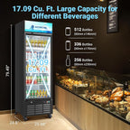 AAOBOSI Commercial Merchandiser Refrigerator,17.09Cu.Ft Glass Door Display Refrigerator,Upright Beverage Cooler Fridge with Soft LED Light, Customizable Lightbox,Universal Casters,Adjustable Shelves