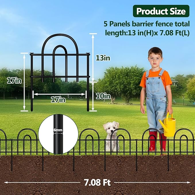 Decorative Garden Fence, 5 Panels No Dig Fence, 7.08 ft(L) x 13 in(H) Animal Barrier for Dogs Rabbits, Rustproof Metal Arched Decorative Garden Fences for Flower Bed, Outdoor, Yard, Patio