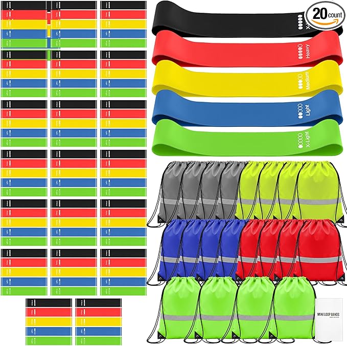 Sratte 120 Pcs Workout Loop Resistance Bands Bulk, Gym Elastic Bands Set for Fitness Sport Class Students Members Gift Physical, 5 Pieces Each Set, with Large Drawstring Backpack Bags