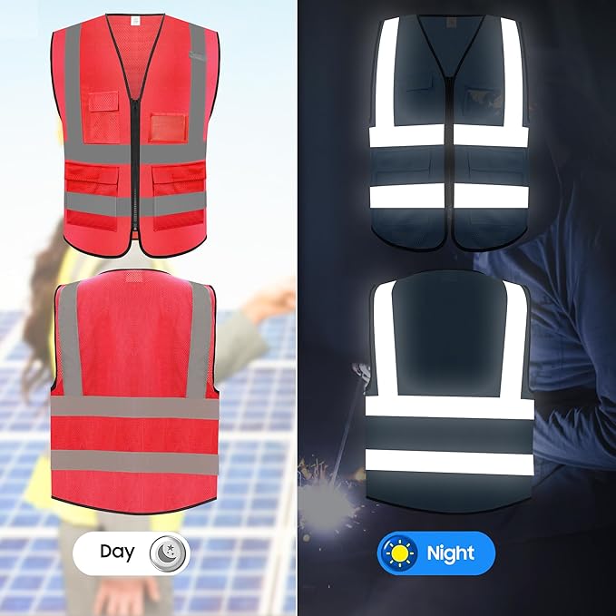 Reflective Safety Vest for Men Women with 5 Pockets and Zipper Front High Visibility