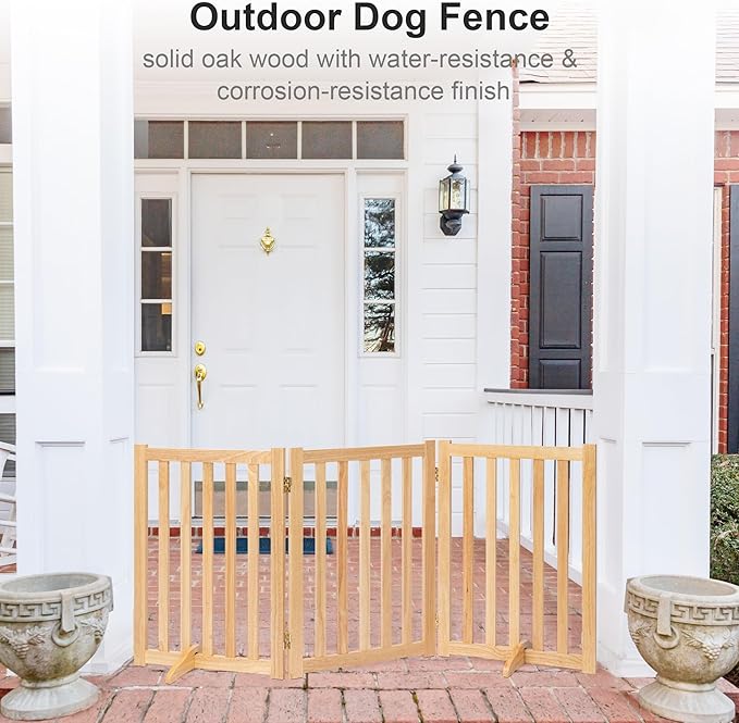 Freestanding Pet Gate, Solid Wood Folding Safety Fence Wooden Dog Gate with 2PCS Support Feet Ideal for Stairs, Doorways, Halls, Kitchens, Indoors Gates, 3 Panels 25", Natural Oak