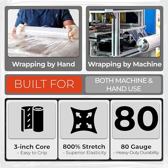 Heavy Duty 18" Shrink Wrap Roll – Clear Stretch Wrap for Moving & Packing | 7 Layer 80 Gauge Industrial Strength 1500 Ft Length 20 Micron Thick Up to 800% Stretch | Box of 4 Rolls
