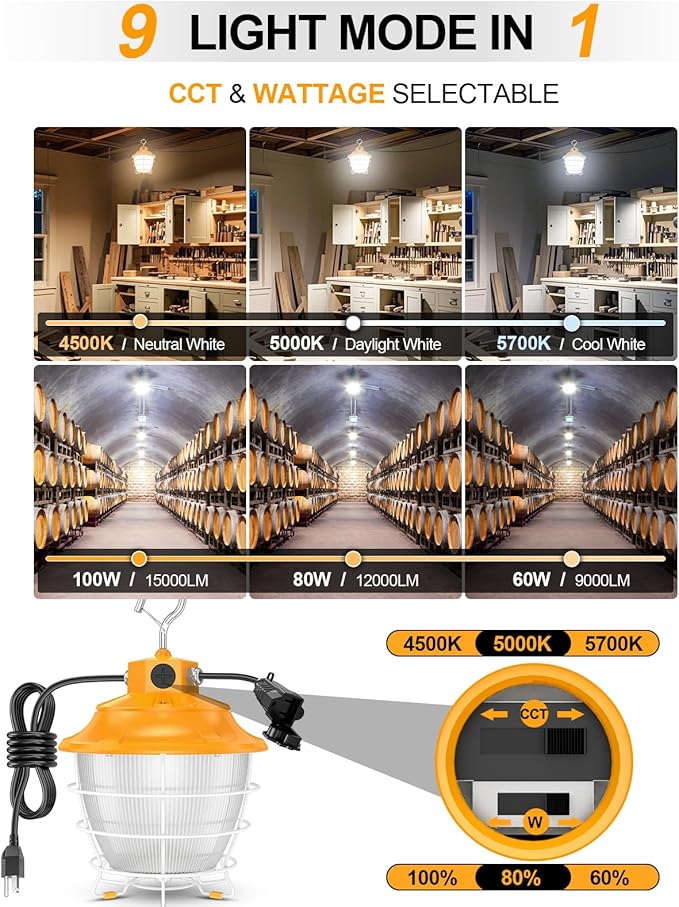 LED Temporary Work Light 100W 80W 60W Tunable 4500K 5000K 5700K Tunable 15000LM Portable Hanging Linkable Construction Light ETL DLC Listed with ON/Off Button for Job Site, Workshop