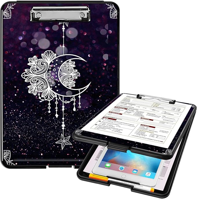 A4 Clipboards,Heavy Duty Waterproof Nursing Plastic Folder Clipboard with Storage Clip Boards,File Folder Storage Box Clipboard Case for Teacher,Doctor,Offices,Moon Star Galaxy Florals