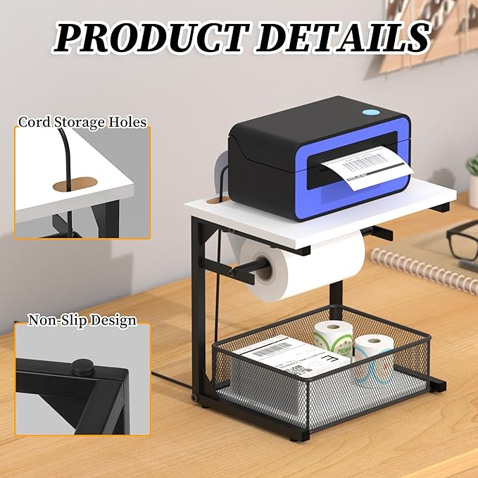 Label Holder for Rolls and Fan-Fold Labels, White Shipping Thermal Label Holder with Drawer for Desktop Thermal Printer, Sticker Roll Holder, Printer Accessory Supplies for Home, Office Small Business