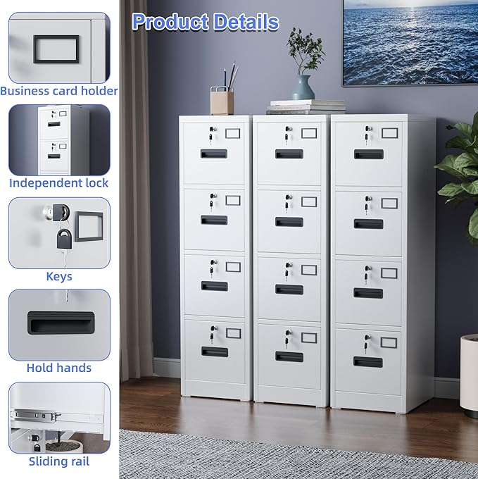SUXXAN 4 Drawer File Cabinet, Metal Vertical File Storage Cabinet with Lock, Office Home Steel Vertical File Cabinet for A4 Letter/Legal Size, 14.96" W x 17.72" D x 55.2" H, Assembly Required