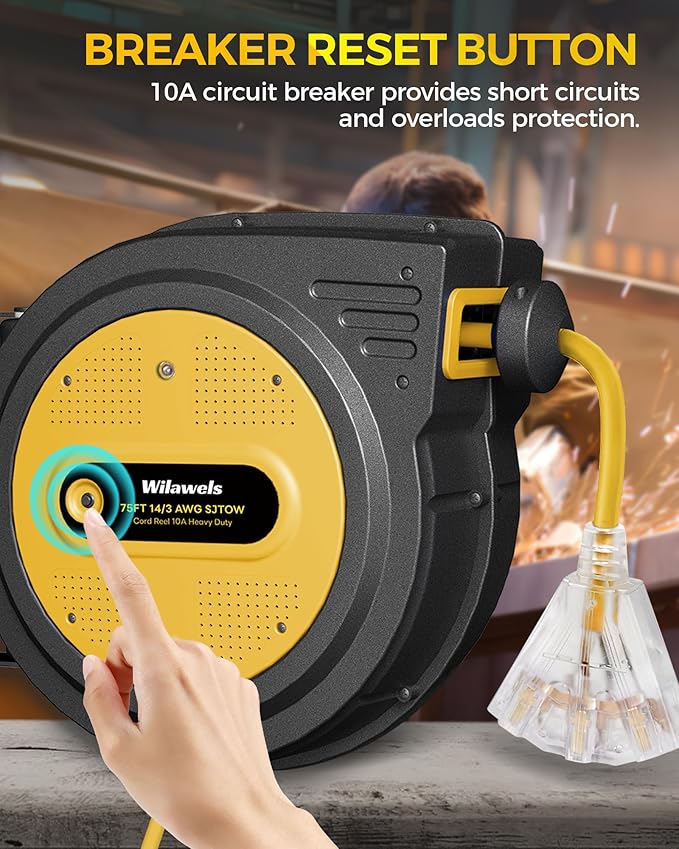 75 FT Retractable Extension Cord Reel, Heavy Duty Power Cord, 14AWG/3C SJTOW, 3 Grounded Outlets Lighted Triple Tap, 10A Circuit Breaker, Wall/Ceiling Mounted, ETL Listed, Yellow Y75ACR06