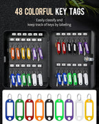 Uniclife 48-Key Steel Key Cabinet with 2 Unlocking Keys Wall Mounted Key Organizer Black Frosted Security Box with Hooks and Key Tag Labels Identifiers in 9 Assorted Colors