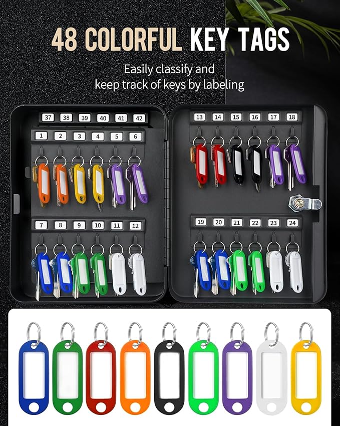 Uniclife 48-Key Steel Key Cabinet with 2 Unlocking Keys Wall Mounted Key Organizer Black Frosted Security Box with Hooks and Key Tag Labels Identifiers in 9 Assorted Colors