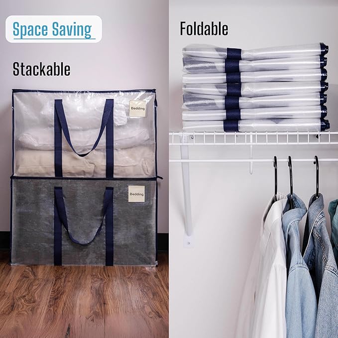 VENO 10 Pack Moving Bags and Large Christmas Storage Bins with lids. Alternative to Moving Boxes, Packing Supplies for College. Extra Large Heavy Duty Totes for Packaging (Clear, 10 Pack)