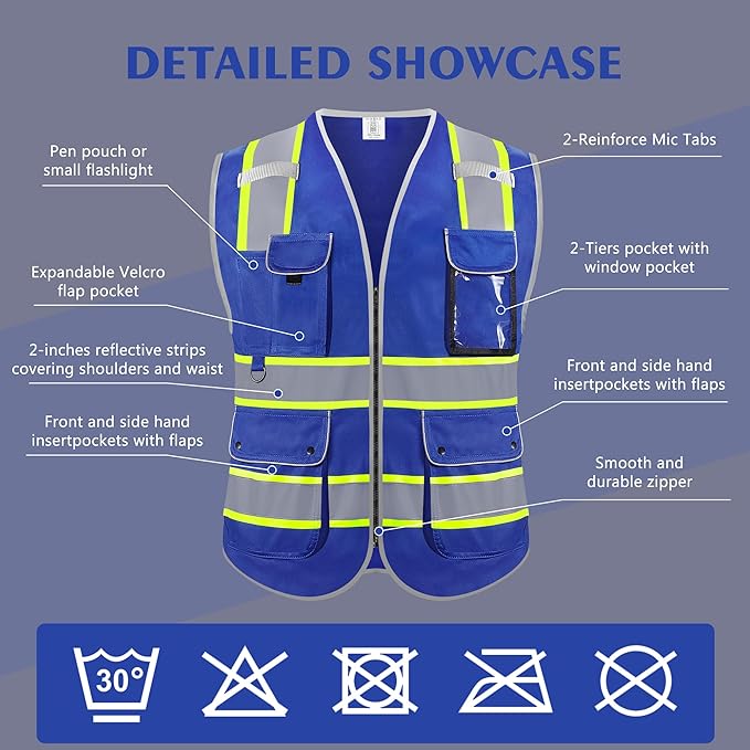 Reflective Safety Vest for Men Women, High Visibility Safety Vest with 8 Pockets Zipper Front, Meets ANSI Standards