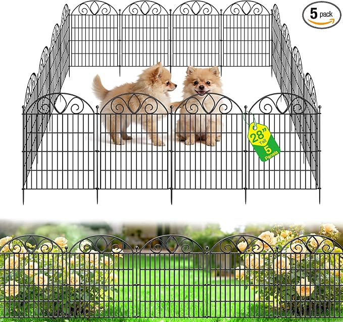 5 Panels No Dig Decorative Garden Fence Panel – 28" H X 9.8' L Rustproof Metal Dog Fence Outdoor for Yard, Animal Barrier Fence for Pet, Garden Border, Patio, Flower Beds| Temporary Fencing