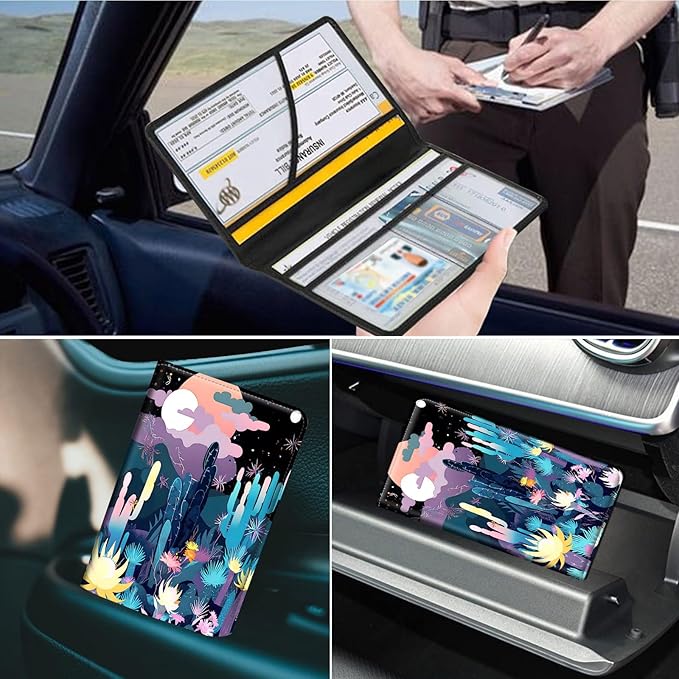 Car Registration and Insurance Holder, Leather Car Glove Box Organizer, Cool Car Accessories for ID, Driver's License Cards & Essential Document,business cards,Men&Women,Wild Cactus Forest