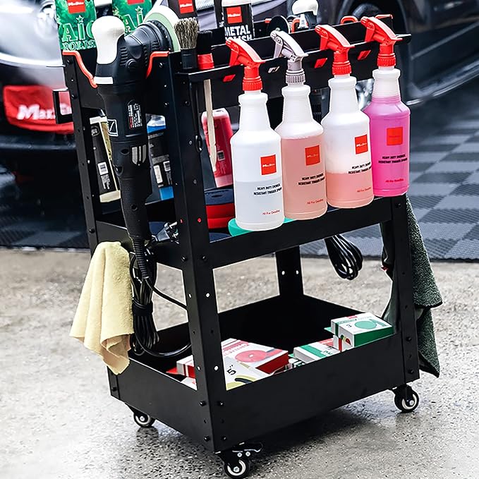 Maxshine Premium Rolling Detailing Cart (22.05"D x 23.62"W x 31.5"H) - 3 Tier Rolling Utility Tool Cart (Black) -Easy Assembly - Organizer for Detailers' Garage, Workshop, Repair Shop, or Tool Storage