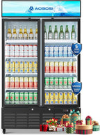 AAOBOSI Commercial Merchandiser Refrigerator,27.02 Cu.Ft Glass Door Display Refrigerator,Upright Beverage Cooler Fridge with Soft LED Light, Customizable Lightbox,Universal Casters,Adjustable Shelves