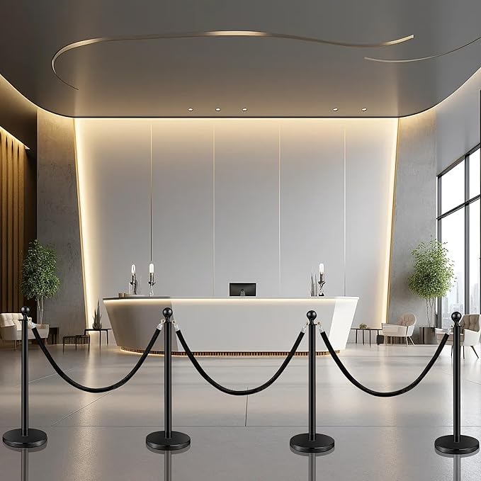 4PCS Black Stainless Steel Stanchions with 3PCS 5FT Velvet Black Ropes - Crowd Control Barriers with Ball Top and Hollow Base for Event,Party,Wedding