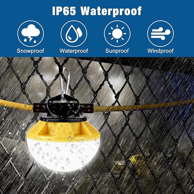 50FT Construction String Lights, IP65 Waterproof ETL Certified LED String Work Lights, 5000K Daylight 18AWG Wire Linkable Temporary Construction Lighting for Jobsite with 5 Bulbs & Hooks