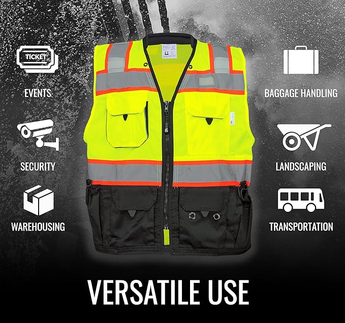 Global Glove GLO-099 Premium High-Visibility Surveyors Safety Vest, Lightweight and Breathable, Zipper Closure, 9 Pockets