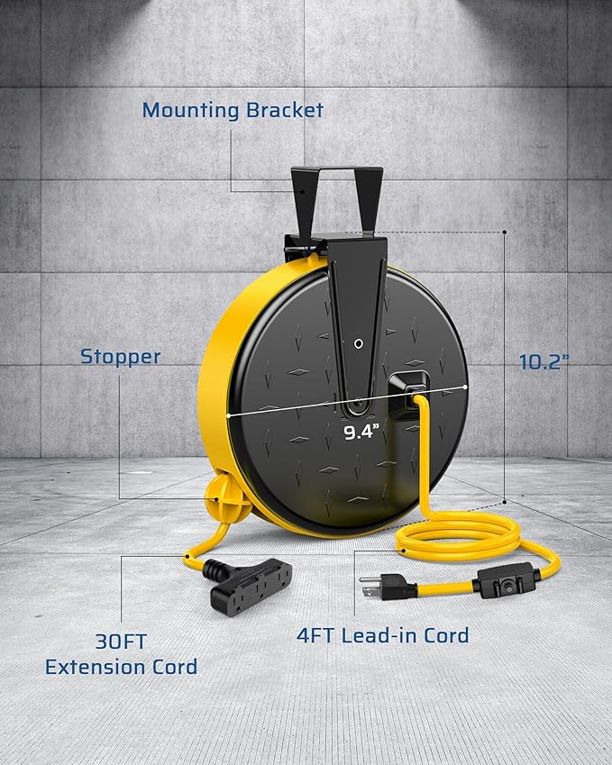 DEWENWILS 30 Ft Retractable Extension Cord Reel, Ceiling/Wall Mount 16/3 Gauge SJTW Power Cord with 3 Electrical Outlets Pigtail for Garage and Shop, 10 Amp Circuit Breaker, Metal Plate, UL Listed