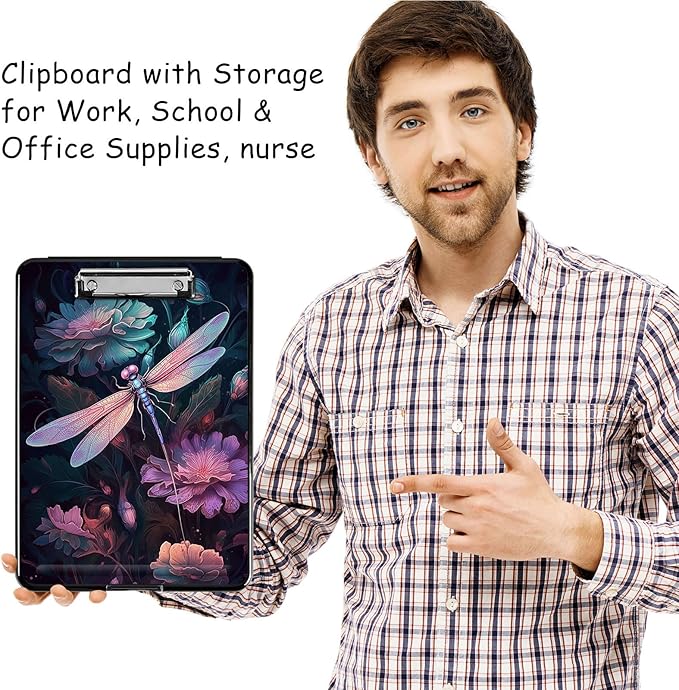 Clipboard with Storage, High Capacity Plastic Storage Clipboard with Low Profile Clip for Women Teachers Work, School & Office Supplies, Cute Pattern Decorative Clipboards, Dragonfly