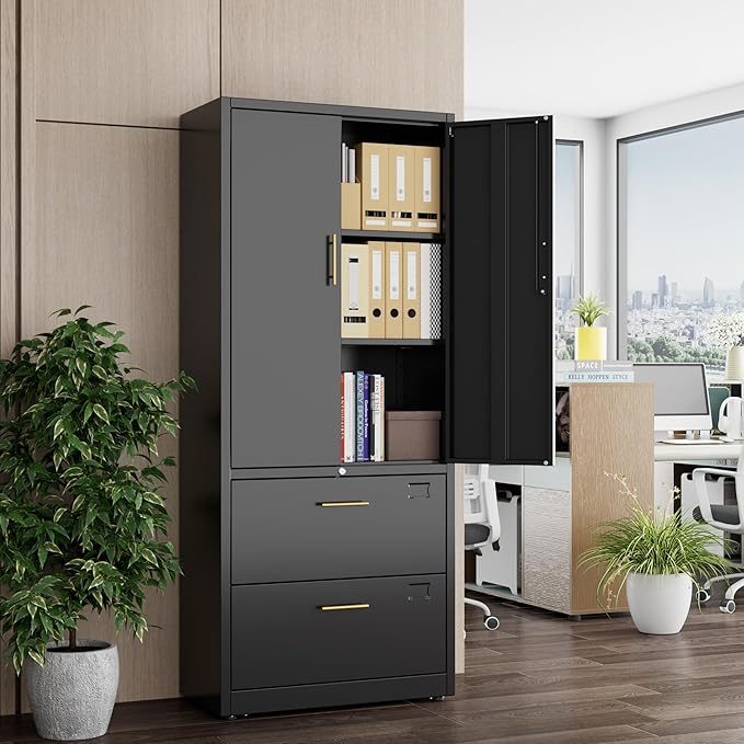 2 Drawer Lateral File Cabinet with Adjustable Shelves and Handles,Metal Filing Cabinet with Drawers and Keys for Home,Office,School,Fits A4/Letter/Legal Size Folders,Assemble Required,Black