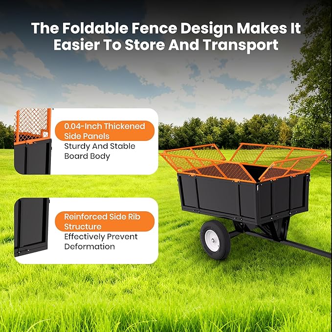 Heavy Duty ATV Dump Cart - Steel Tow Behind Trailer, Garden Cart Trailer, 17 Cu.Ft Capacity & 750 Lbs Steel Dump Trailers, with Foldable Mesh Fence, Yard Garden Trailers for Lawn Mower Tractor