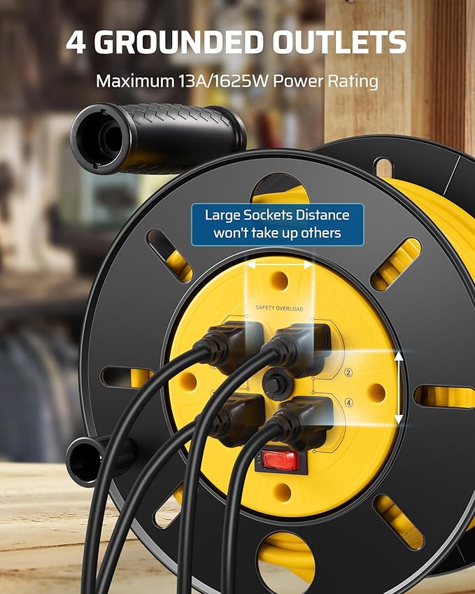 DEWENWILS Retractable Extension Cord Reel, 80FT Heavy Duty Open Cord Reel for Indoor Outdoor, 14/3 AWG SJTW, 4 Grounded Outlets, 13 Amp Circuit Breaker,Handle Rewind, Metal Stand, ETL Listed