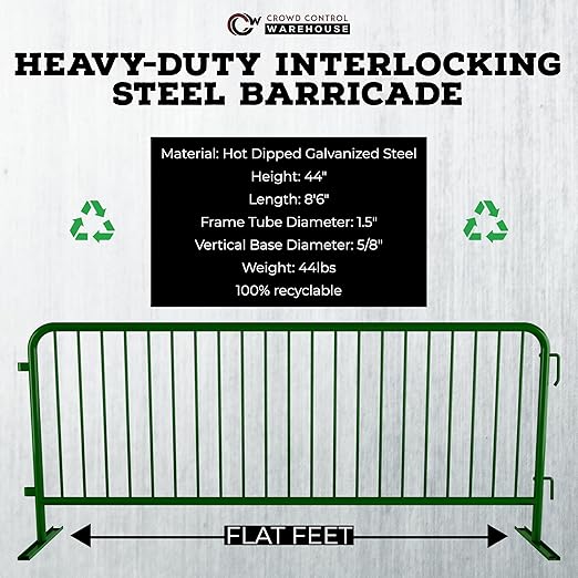 Angry Bull Barricades Metal Interlocking Steel Barricade (8.5 Ft. Heavy Duty, Flat Feet, Green Powder Coated, Set of 10)