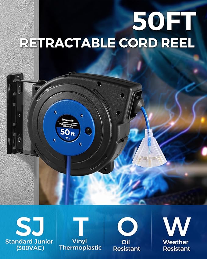 Retractable Extension Cord Reel, 50 FT Heavy Duty Power Cord, 14AWG/3C SJTOW, 3 Grounded Outlets Lighted Triple Tap, 13 Amp Circuit Breaker, UL Listed, Blue U50CR06