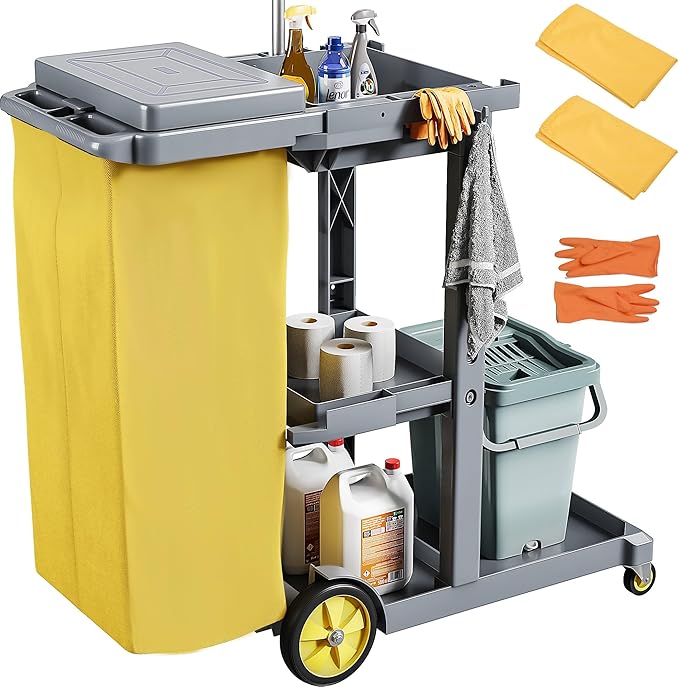 DWVO Janitorial Cart on Wheels, Cleaning Carts, Housekeeping Cart, 3 Shelf Commercial Traditional Plastic Janitor Carts, with 2 Yellow 25 Gallon Vinyl Bag & Rubber Gloves for Restaurant Hotel Home