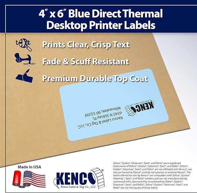 4" X 6" Direct Thermal Perforated Stickers Labels for Shipping Labels, Inventory, and Color Coding - Compatible with Zebra, Rollo, Godex and More (Blue, 1 Roll)