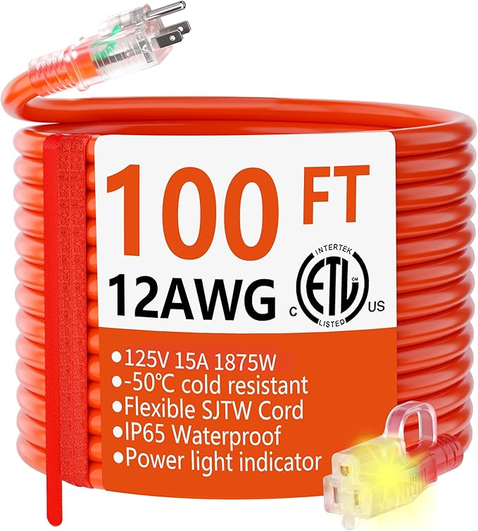 HUANCHAIN 12/3 Gauge Heavy Duty Outdoor Extension Cord 100 ft Waterproof with Lighted end, Flexible Cold-Resistant 3 Prong Electric Cord Outside, 15Amp 1875W 12AWG SJTW, Orange, ETL