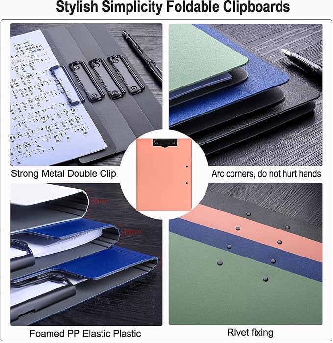 Clipboard Folder, A4 Foldable Clipboards, Office Clipboard Folder with Double Clips Metal Clip, 360 Degree Foldable Storage Clipboards for Office, School or Medical Field, Pink