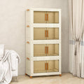 Plastic Stackable Storage Bins with Lids and Wheels, 148.8QT-37.2QT*4Tier Foldable Storage Containers and Collapsible Clear Storage Cabinet with Doors Ivory White