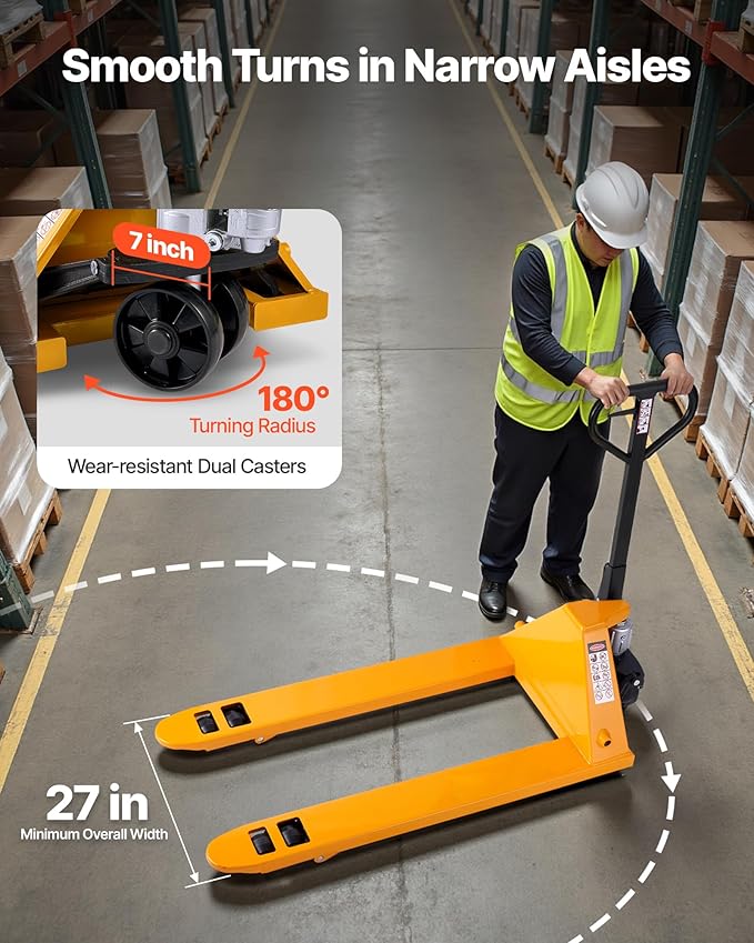 VEVOR Pallet Jack, 5500 lbs Load Capacity, Manual Pallet Truck with 48L x 27W Inch Forks for Material Handling, 3.35-7.1 Inch Fork Lift Height Range, Suitable for Warehouse, Supermarket, Manufacturing