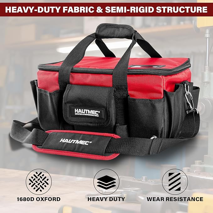 HAUTMEC 16-Inch Multi-Function Tool Bag with Removable Divider, Heavy-Duty 1680D Quick Action Tool Case with Padded Shoulder Strap & Trolley Sleeve, Rigid Structure & Wide-Opening Design - HT0401
