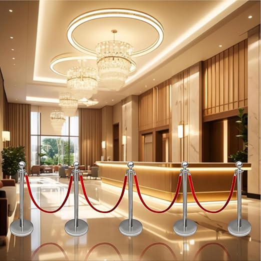 Stainless Steel Stanchions with Red Velvet Ropes, 4PCS Crowd Control Barriers Set with Fillable Weighted Base, No-Tool Assembly for Weddings, Events, Queue Management