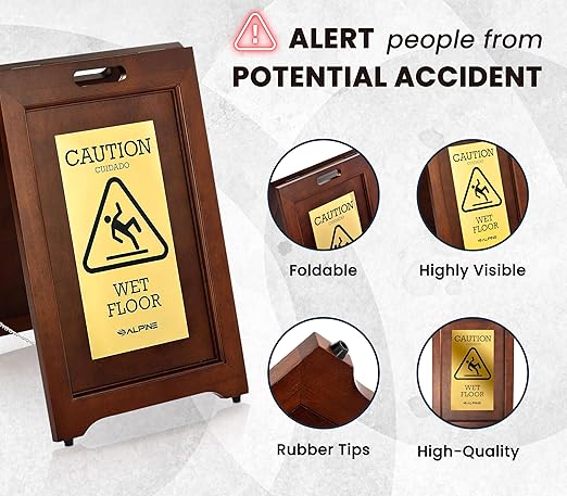 Wooden Caution Wet Floor Sign Slippery A-Frame with Bold Bilingual Safety Message, High-Grade Wood Finish, Brass-Plated for Restaurants, Offices, Hospitality & Retail Centers By Alpine Industries