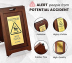 Wooden Caution Wet Floor Sign Slippery A-Frame with Bold Bilingual Safety Message, High-Grade Wood Finish, Brass-Plated for Restaurants, Offices, Hospitality & Retail Centers By Alpine Industries