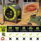 Masterplug 40ft Case Cord Reel, Retractable Extension Lead with Winding Handle, Safety Overload Circuit Breaker and Power Switch, 4X Grounded Outlets, 13amps, 14AWG Cable