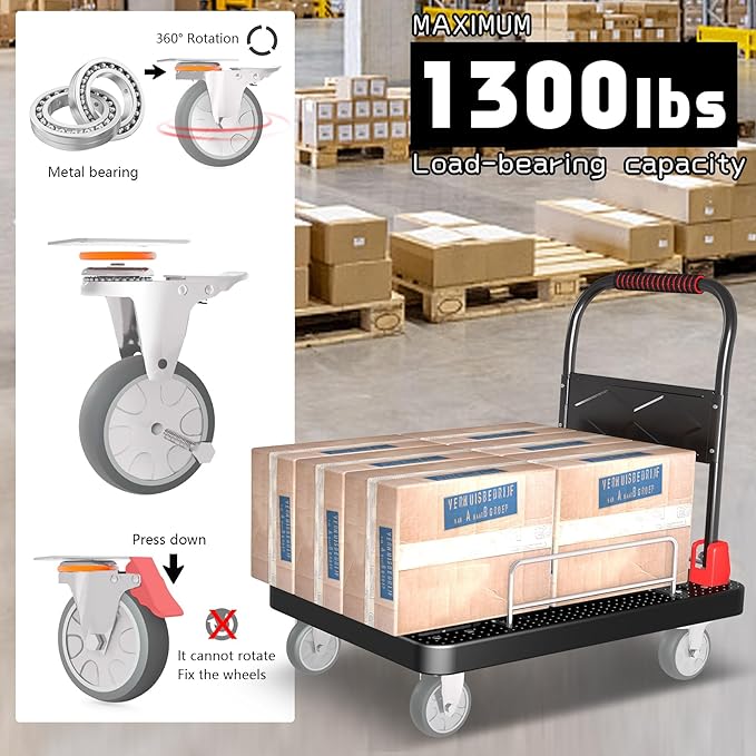 Platform Trucks Flatbed Cart Heavy Duty with Brake Wheels & Fence Foldable Hand Cart 1300lbs Capacity 36"x24" Moving Dolly for Furniture/Office/Groceries/Garage, Black