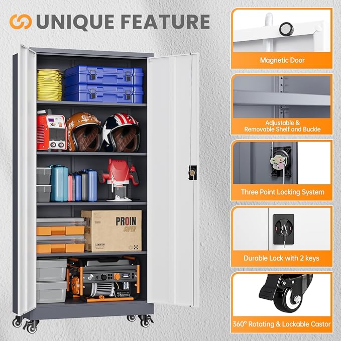 Garage Cabinet with Wheels and Adjustable Shelves, Metal Garage Storage Cabinets with 2 Doors, Storage Caninet with Lock, Large Tool Cabnet for Workshop/Home/Office-(Gray White 75”H)