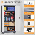 Garage Cabinet with Wheels and Adjustable Shelves, Metal Garage Storage Cabinets with 2 Doors, Storage Caninet with Lock, Large Tool Cabnet for Workshop/Home/Office-(Gray White 75”H)