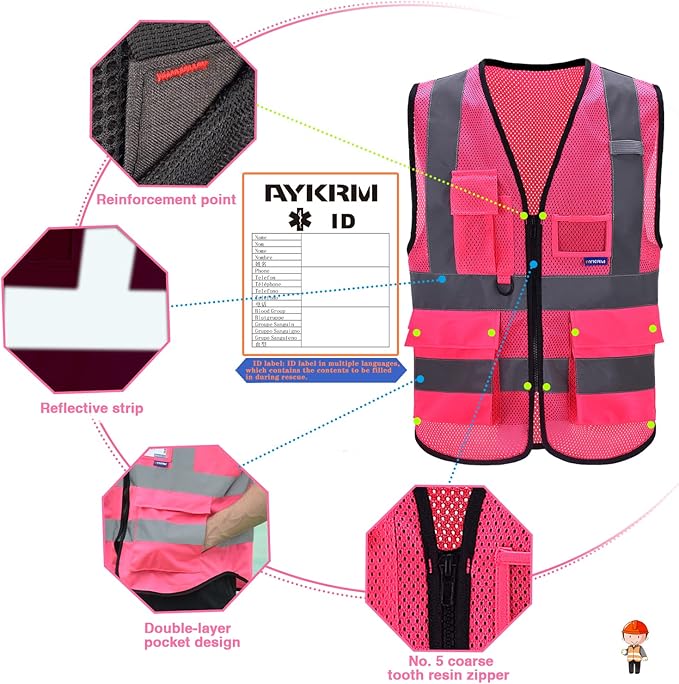 A-SAFETY High Visibility Mesh Safety Reflective Vest with Pockets and Zipper,Hi Viz Work Vest for Men Women (Pink Mesh XXXL)