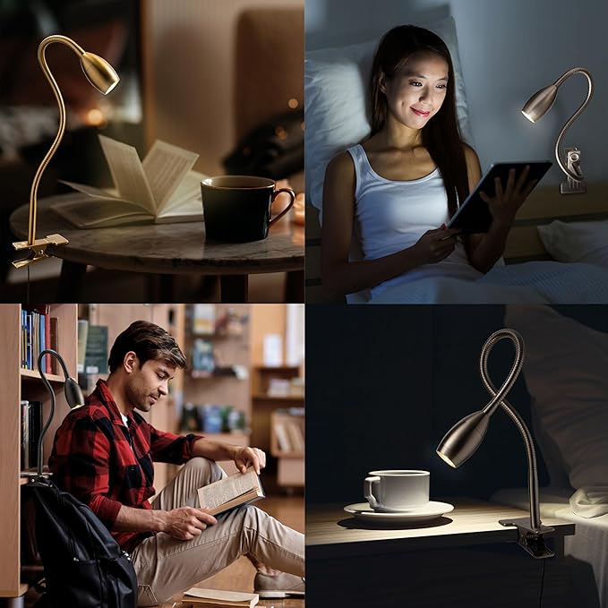 O'Bright Lumos - Versatile Clip-on Lamp: Zoomable Spotlight, Dimmable LED, Flexible Gooseneck, 4000K Light, 100% Metal Clamp - Ideal for Reading, Crafting, Work, and Headboards, Brushed Nickel