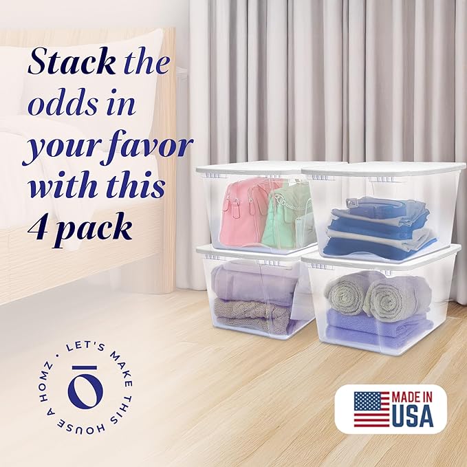 HOMZ 4-Pack Snaplock, Large Clear Plastic Storage Organizer Bins w/Lids, 56 Quart, White - Stackable Container Boxes for Bedroom, Bathroom, Garage, and Office Organization