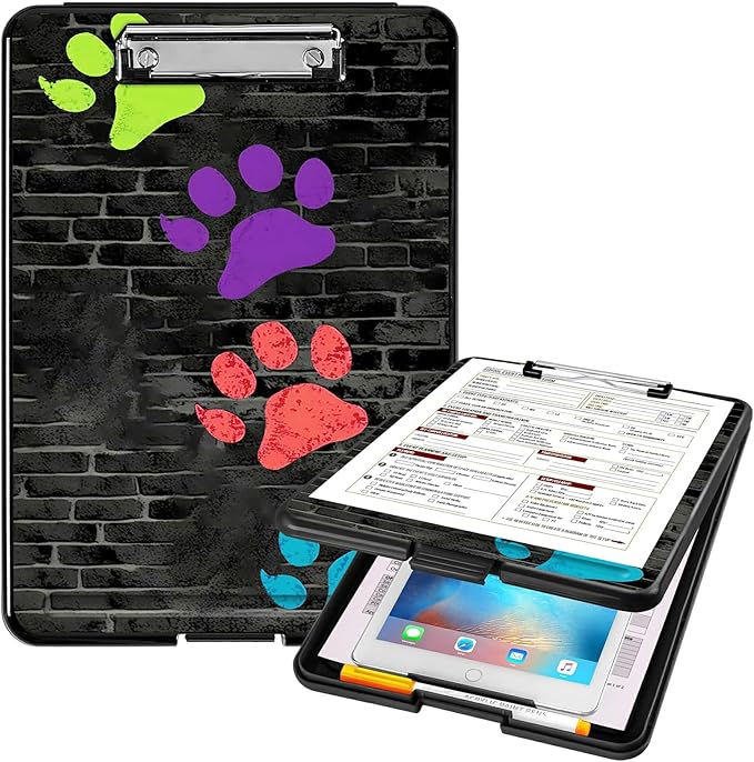 A4 Clipboards,Heavy Duty Waterproof Nursing Plastic Folder Clipboard with Storage Clip Boards,File Folder Storage Box Clipboard Case for Teacher,Doctor,Offices,Paw Prints