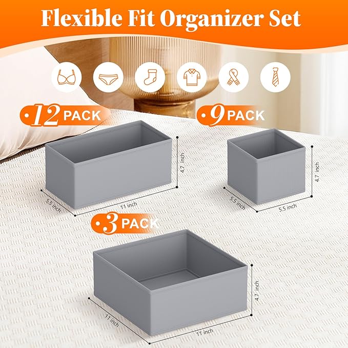 Drawer Organizer Clothes, 24 Pack Drawer Organizers and Underwear Organizer for Nursery, Dividers Clothes Organizer, Closet Organization and Foldable Storage Bins for Socks, Bra, Tie, Grey