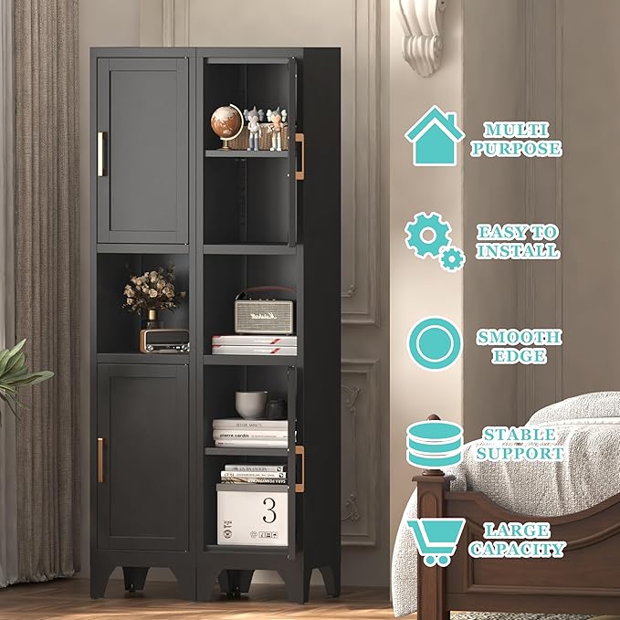Tall Bathroom Storage Cabinet,Metal Slim Narrow Bathroom Organizer with Open Shelves and Adjustable Shelving,Ideal for Small Spaces,Living Rooms, Entryways, Kitchens - Assembly Required (Black)